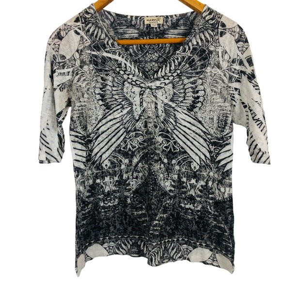 One World Abstract Blouse Sz Large Butterfly Pattern Studded Black White - Picture 1 of 8